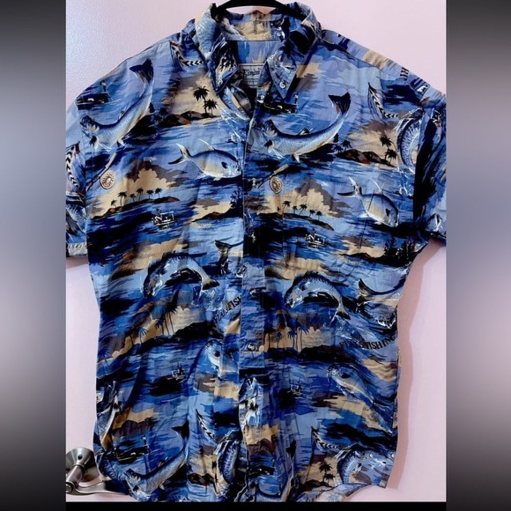Vintage Bimini Bay Short Sleeve Shirt Blue Fish Hawaiian/Aloha Button Down Large